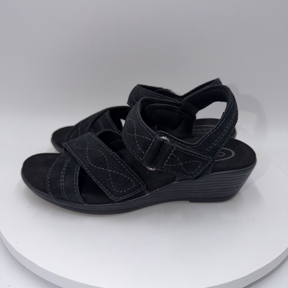 Orthofeet Holly Black Adjustable Leather Wedge Sandals 62033 Women's Size 6 Wide